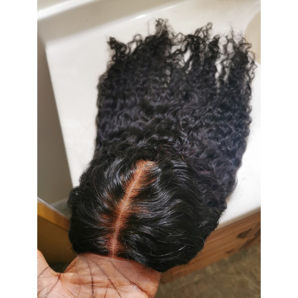 Natural Black Wave Human Hair Glueless Deep Part Closure Wig 20" Handmade